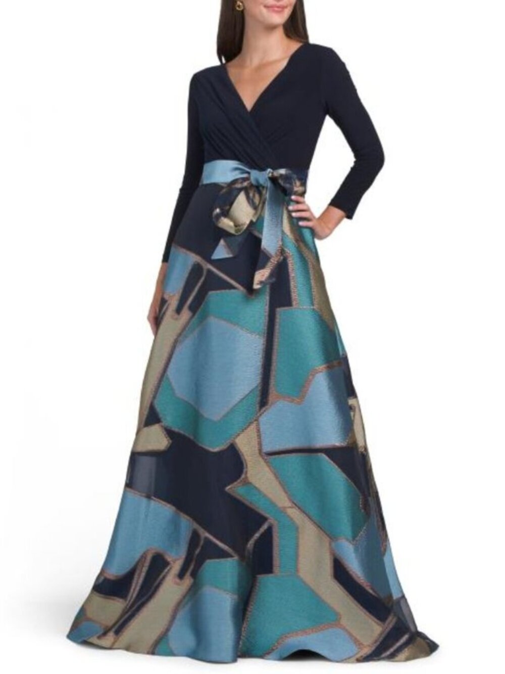 TERI JON Three-quarter Sleeve Jersey Top Geometric Pattern Dress